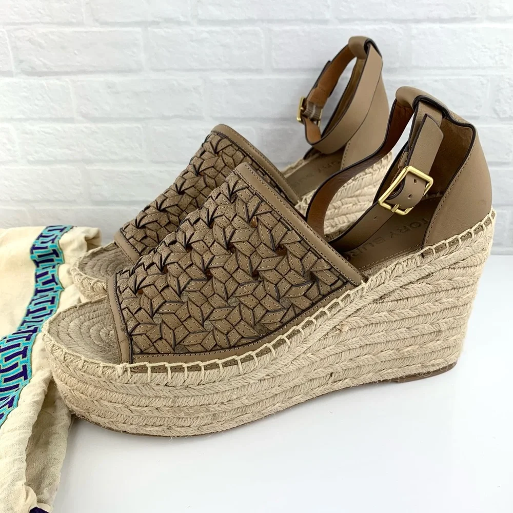 NEW! Tory Burch Basketweave Beige Espadrilles Wedges Size 8.5 $348